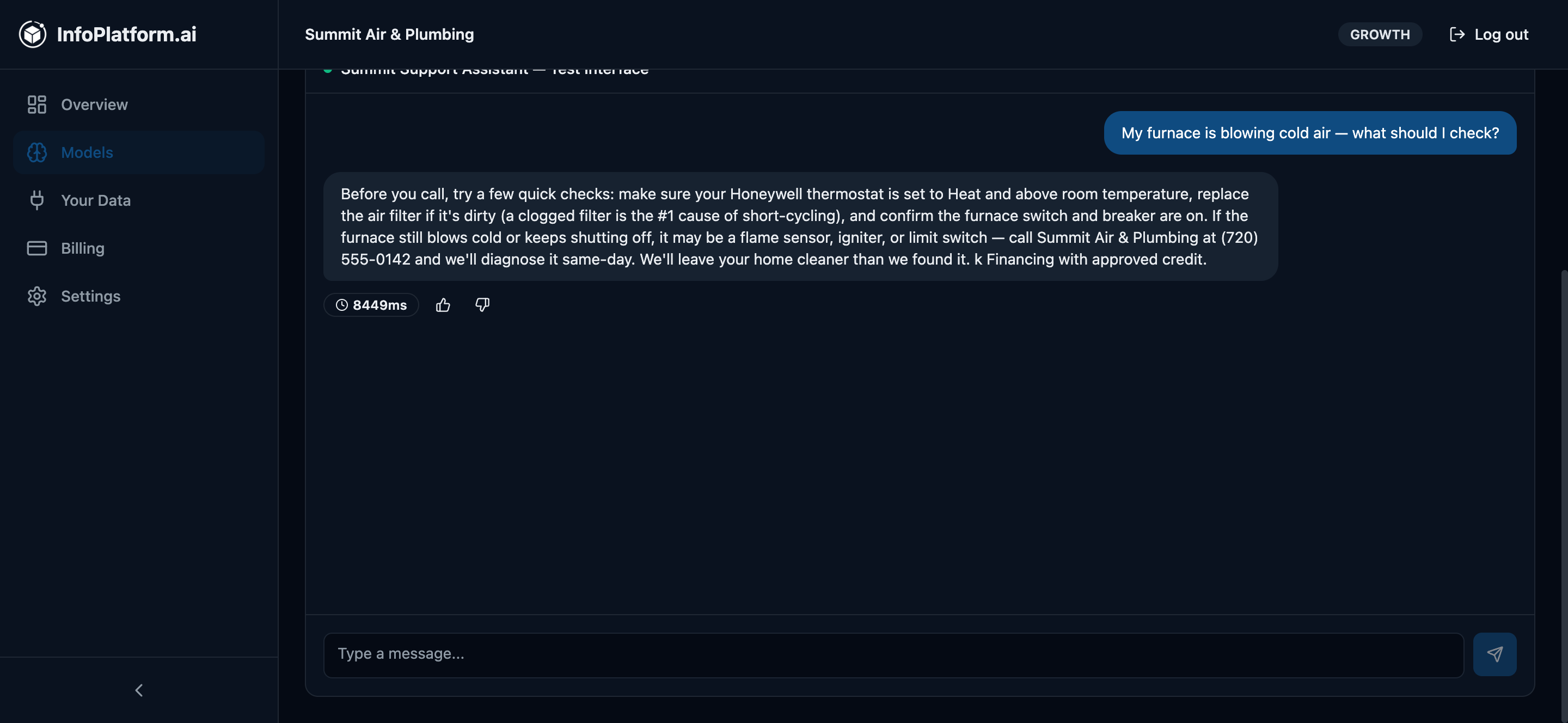 Test chat: a fine-tuned model answering in the business's own voice