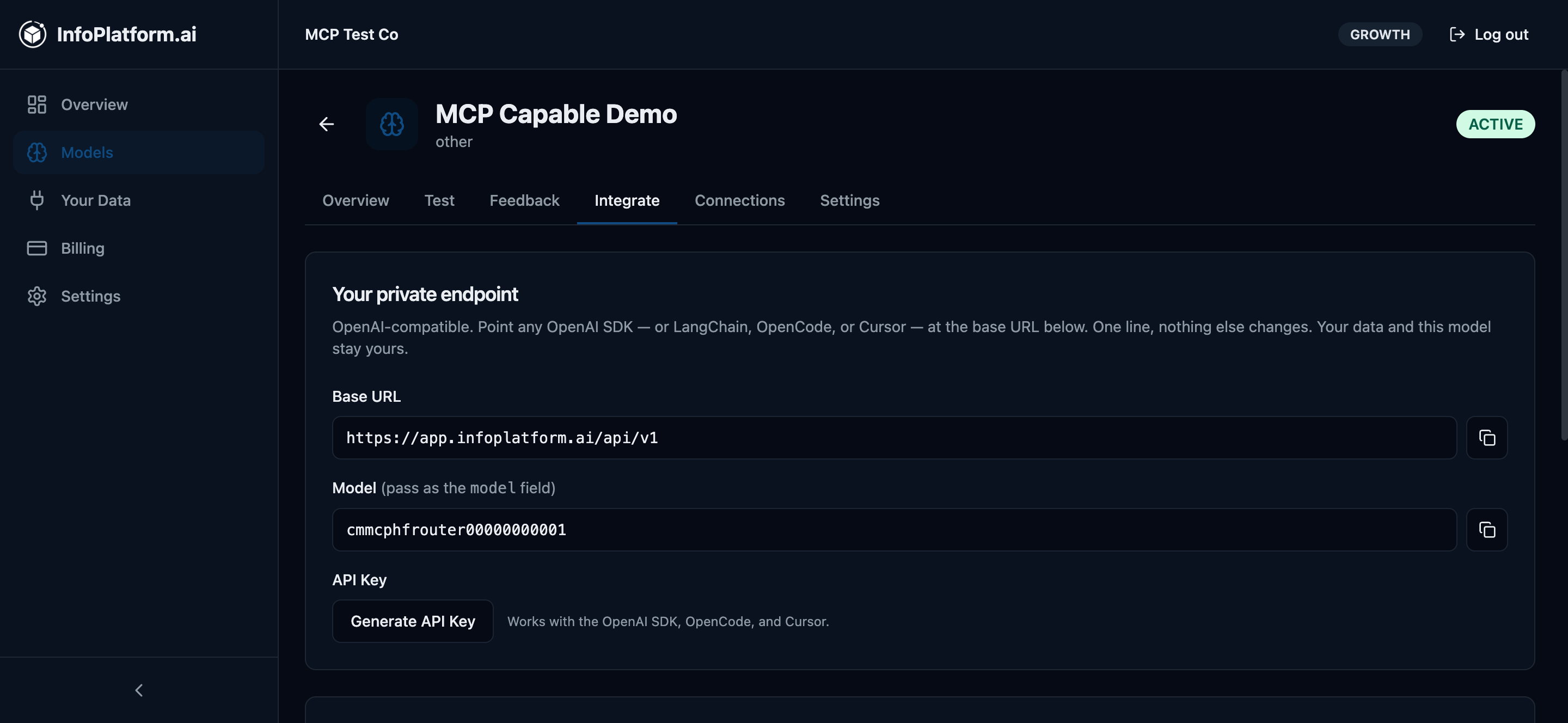 Integrate tab: point the OpenAI SDK at your private endpoint with a one-line base_url swap